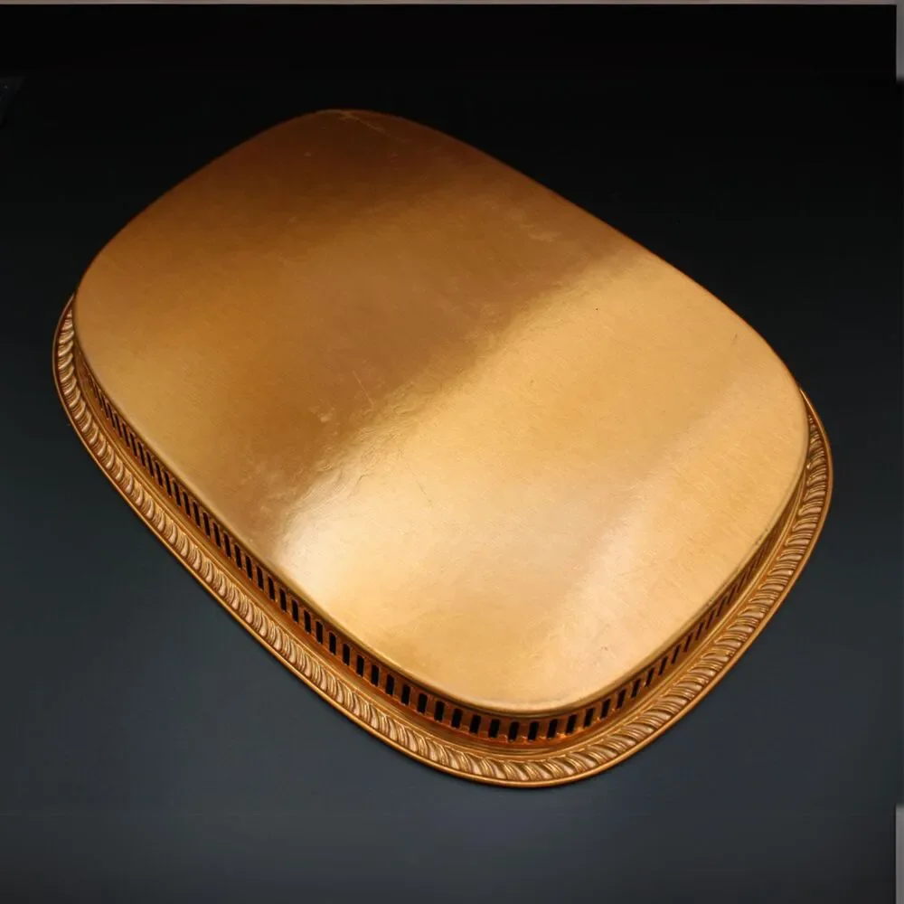 Vintage Copper Plated Tray Scroll Filigree Design Pattern Retro Kitchen Decor